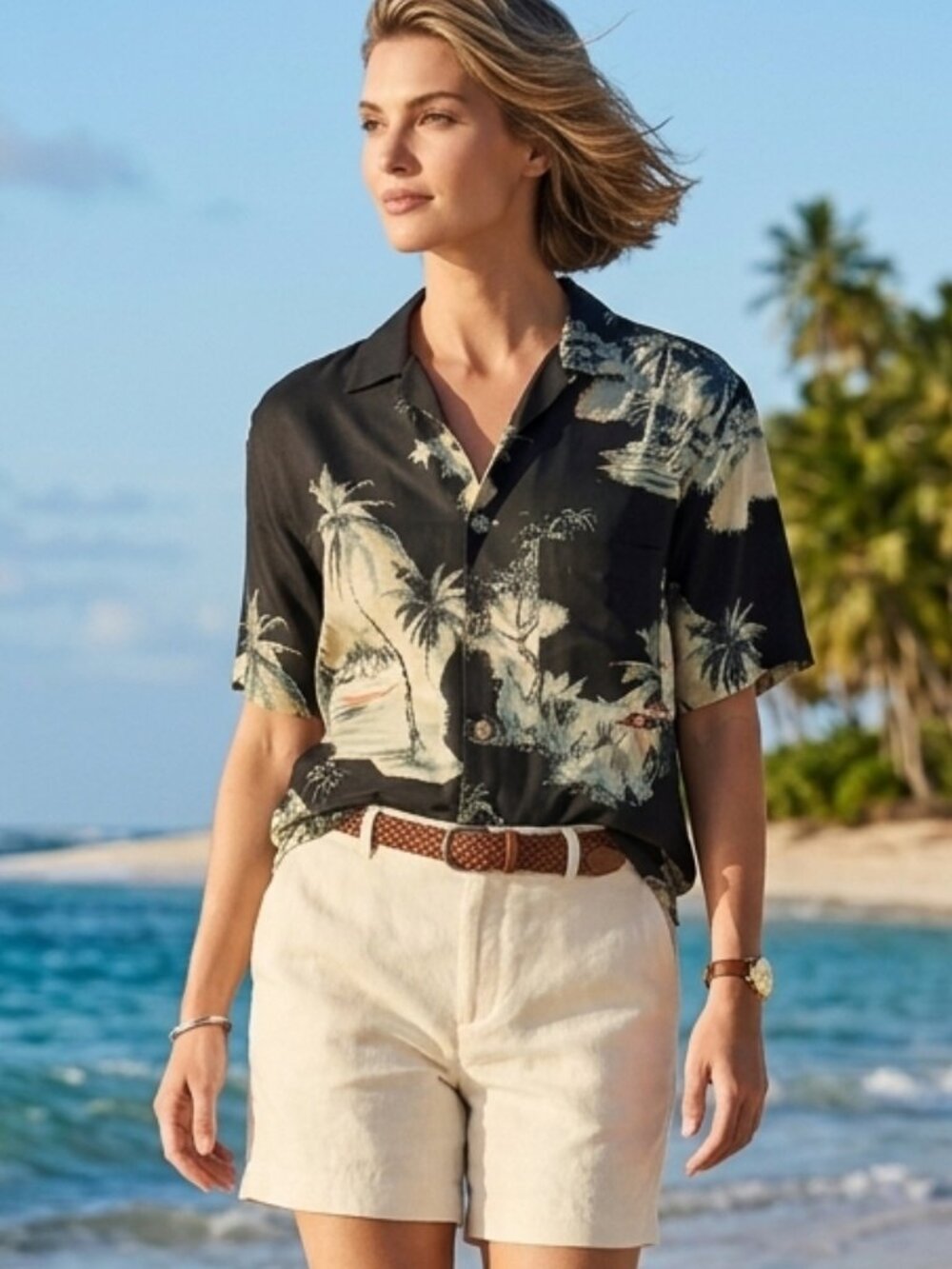 Vintage Tommy Bahama 100% Silk Black Scenic Palm Tree Camp Shirt